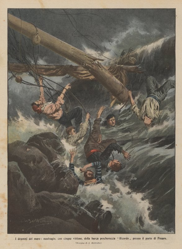 I drammi del mare, naufragio, con cinque vittime, della barca peschereccia Ricordo presso il porto di Pesaro da Achille Beltrame