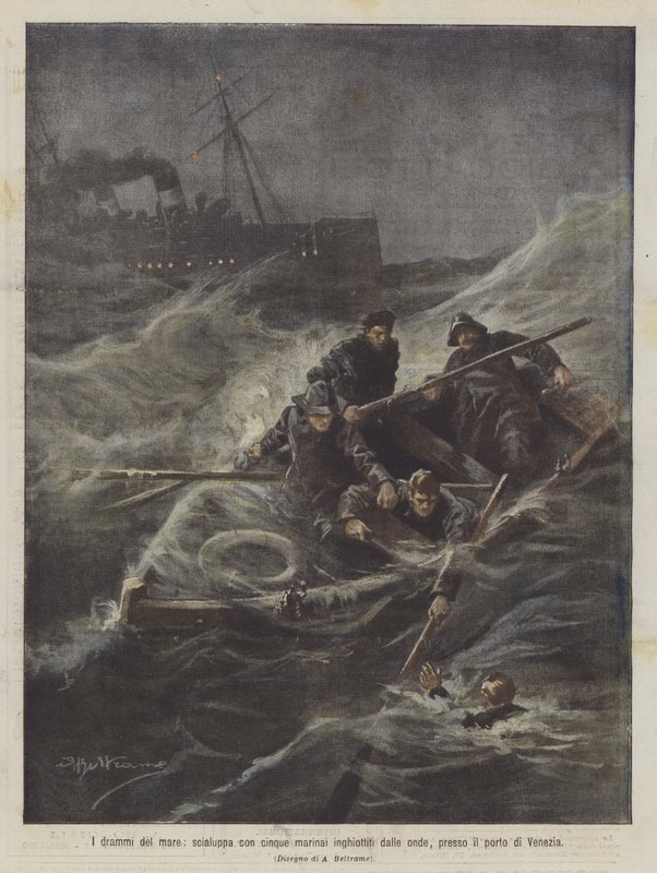 I drammi del mare, scialuppa con cinque marinai inghiottiti dalle onde presso il porto di Venezia da Achille Beltrame