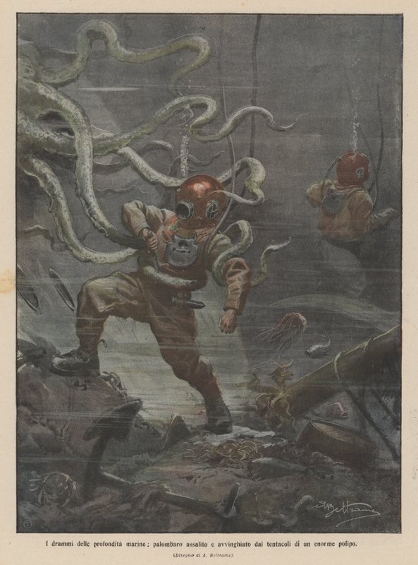 I drammi delle profondità marine, palombaro assalito e avvinghiato dai tentacoli di un enorme polipo da Achille Beltrame