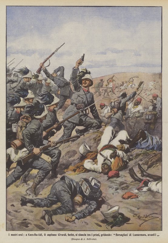 I nostri eroi, a Kars-Bu-Adi, il capitano Civardi, ferito, si slancia tra i primi, gridando da Achille Beltrame