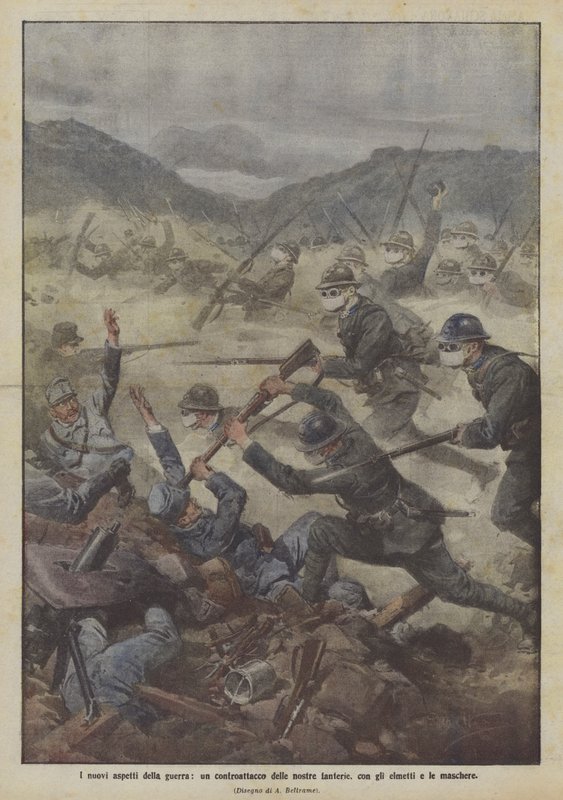 I nuovi aspetti della guerra, un controattacco delle nostre fanterie, con gli elmetti e le maschere da Achille Beltrame
