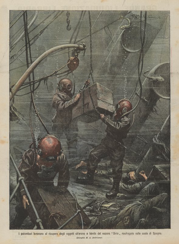 I palombari lavorano al recupero degli oggetti che erano a bordo del vapore Sirio naufragato sulle coste di Spagna da Achille Beltrame
