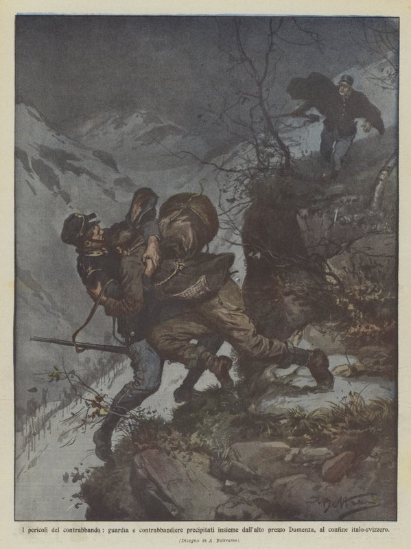 Pericoli del contrabbando, guardia e contrabbandiere precipitati insieme da Achille Beltrame