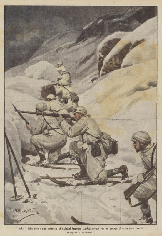 I soldati della neve, una pattuglia di sciatori impegna combattimento con un gruppo di esploratori nemici da Achille Beltrame