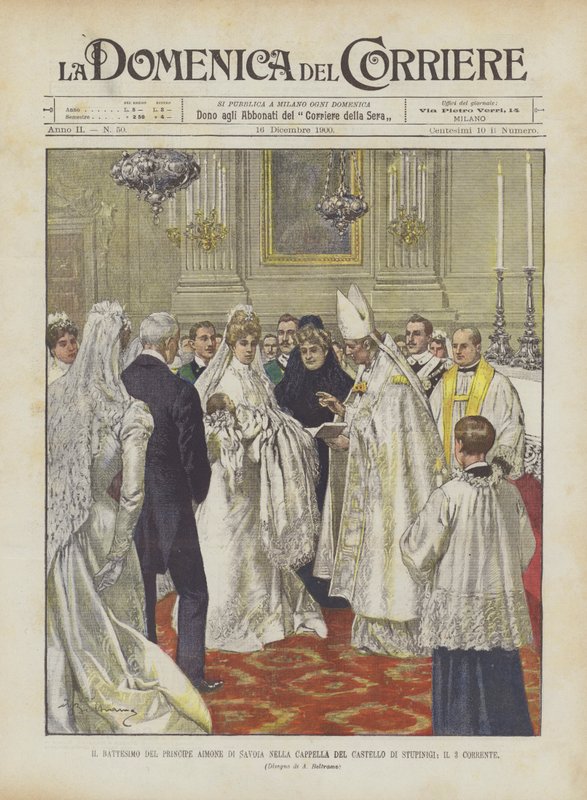 Il battesimo del principe Aimone di Savoia nella cappella del castello di Stupinigi, il 3 corrente da Achille Beltrame