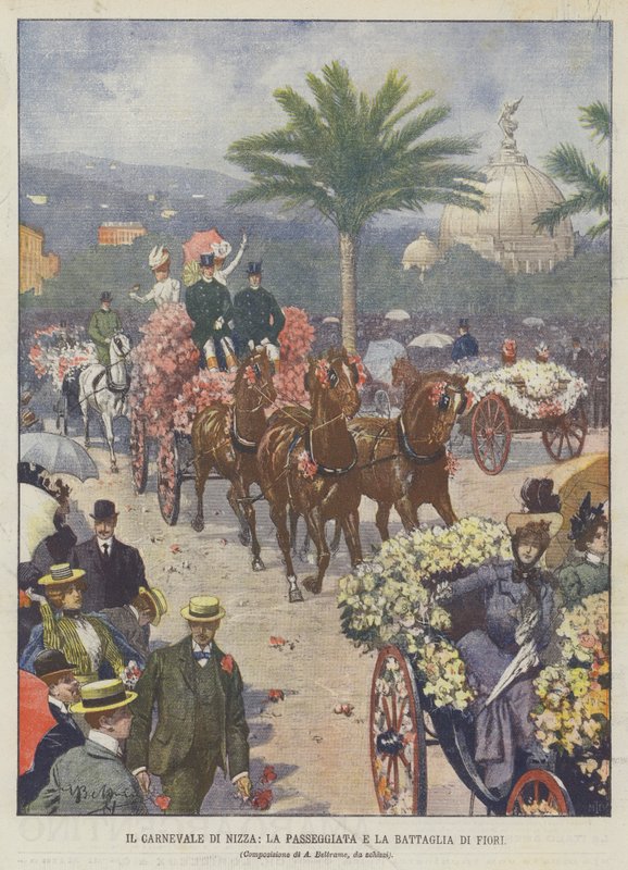Il carnevale di Nizza, la passeggiata e la battaglia di fiori da Achille Beltrame