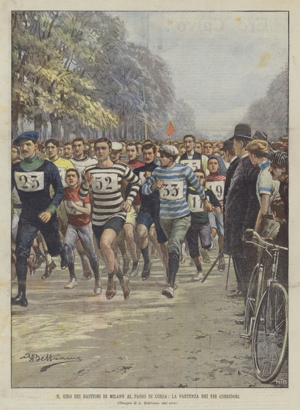 Il giro dei bastioni di Milano al passo di corsa, la partenza dei 160 corridori da Achille Beltrame