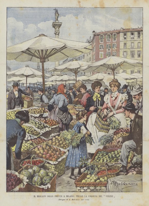 Il mercato della frutta a Milano, presso la colonna del Verzee da Achille Beltrame