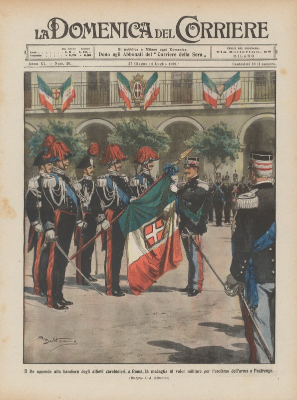 Il Re appende alla bandiera degli allievi carabinieri, a Roma, la medaglia al valor militare da Achille Beltrame
