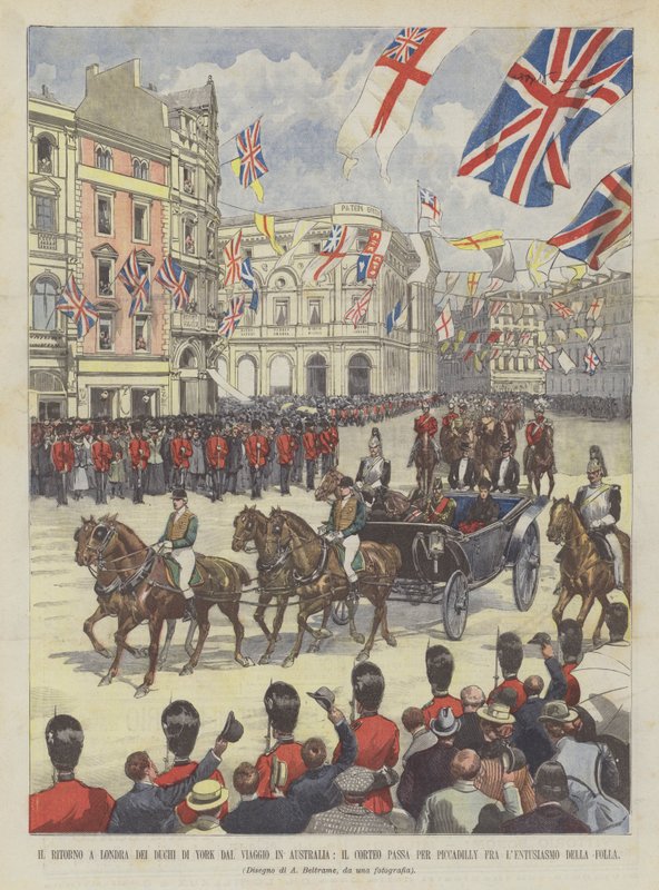 Il ritorno a Londra dei duchi di York dal viaggio in Australia, il corteo passa per Piccadilly da Achille Beltrame