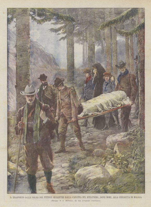 Il trasporto della salma del pittore Segantini dalla capanna sul Schafberg, dove morì, alla chiesetta di Maloja da Achille Beltrame