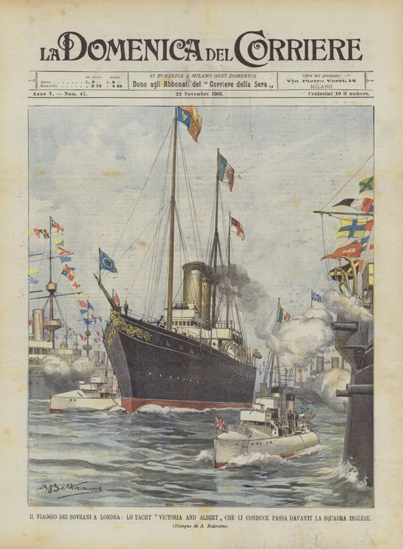 Il viaggio dei sovrani a Londra, lo yacht Victoria and Albert che li conduce passa davanti la squadra inglese da Achille Beltrame