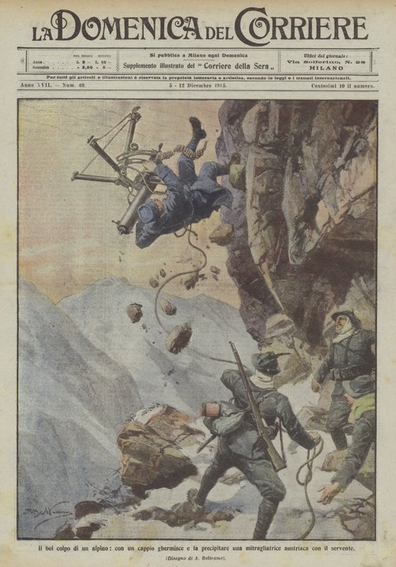 Il bel colpo di un alpino, con un cappio ghermisce e fa precipitare una mitragliatrice austriaca con il servente da Achille Beltrame
