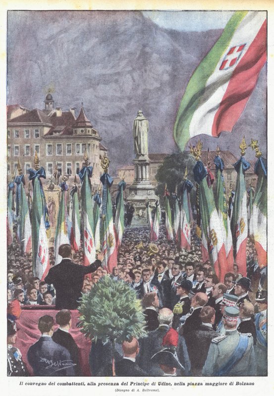 Il convegno dei combattenti, alla presenza del Principe di Udine, nella piazza maggiore di Bolzano da Achille Beltrame