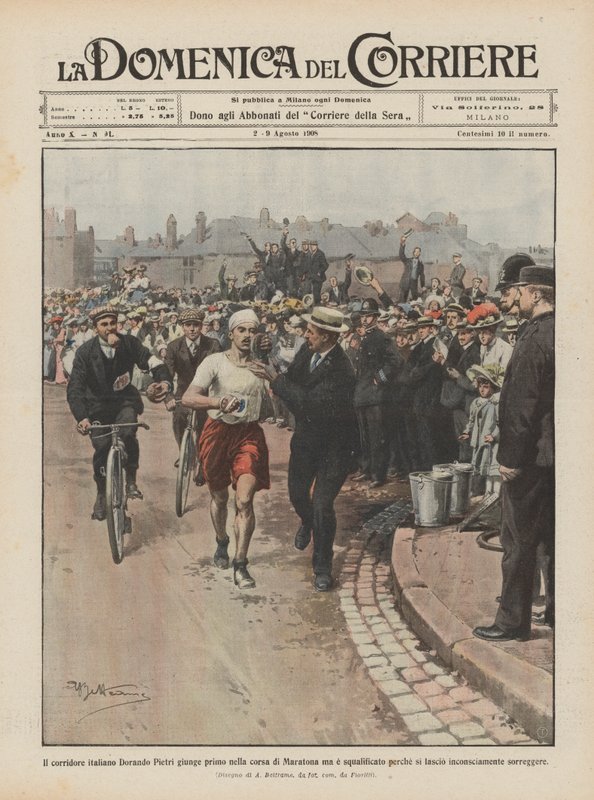 Il corridore italiano Dorando Pietri giunge primo nella corsa di Maratona ma è squalificato da Achille Beltrame