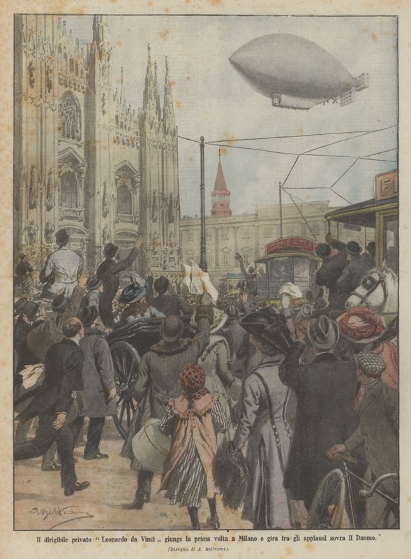 Il dirigibile privato Leonardo da Vinci giunge la prima volta a Milano e gira fra gli applausi sopra il Duomo da Achille Beltrame