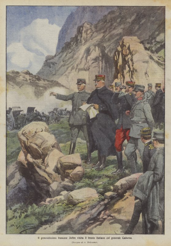 Il generalissimo francese Joffre visita il fronte italiano col generale Cadorna da Achille Beltrame