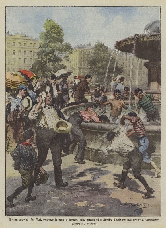 Il gran caldo di New York costringe la gente a bagnarsi nelle fontane ed a sfuggire il sole da Achille Beltrame