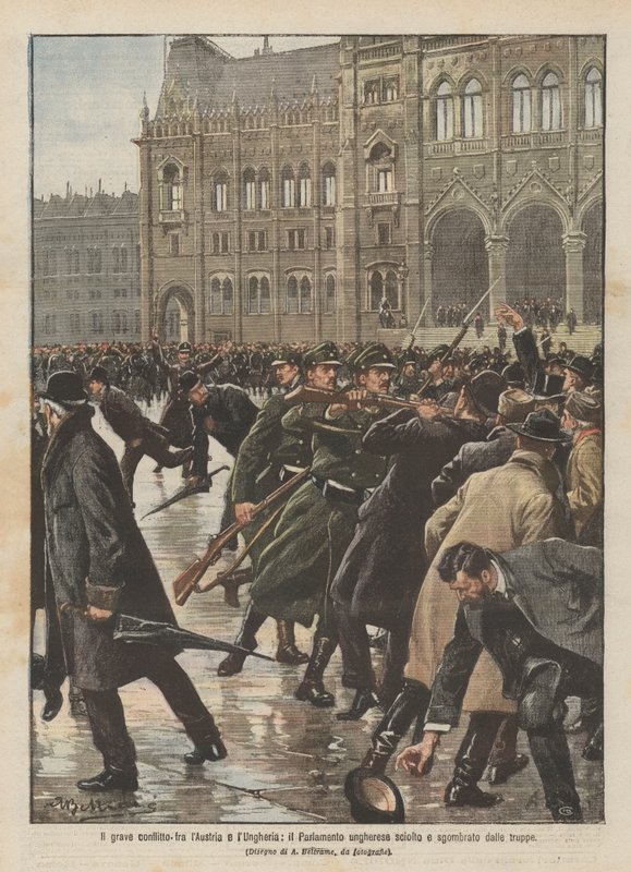 Il grave conflitto fra Austria e Ungheria, il Parlamento ungherese sciolto e sgombrato dalle truppe da Achille Beltrame