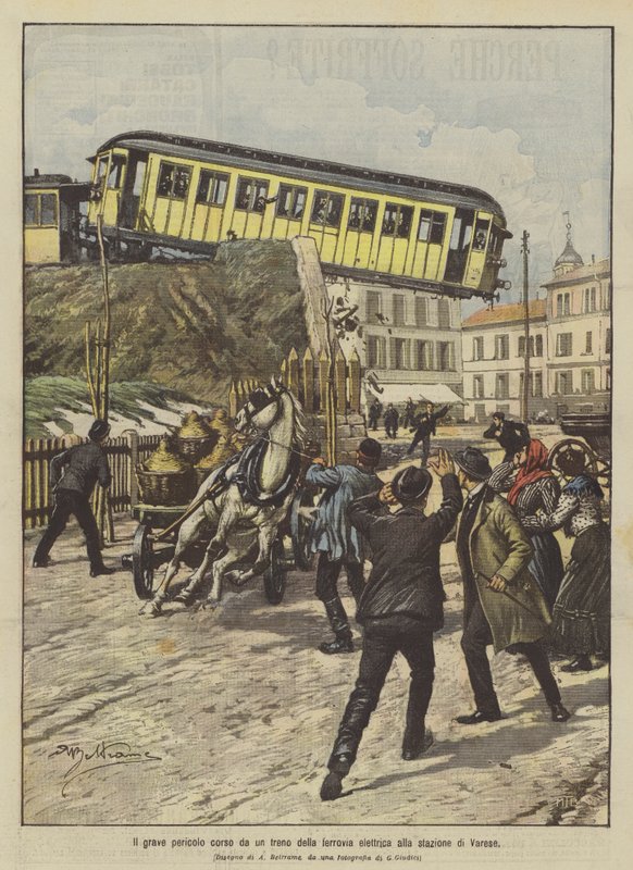 Pericolo corso da un treno della ferrovia elettrica alla stazione di Varese da Achille Beltrame
