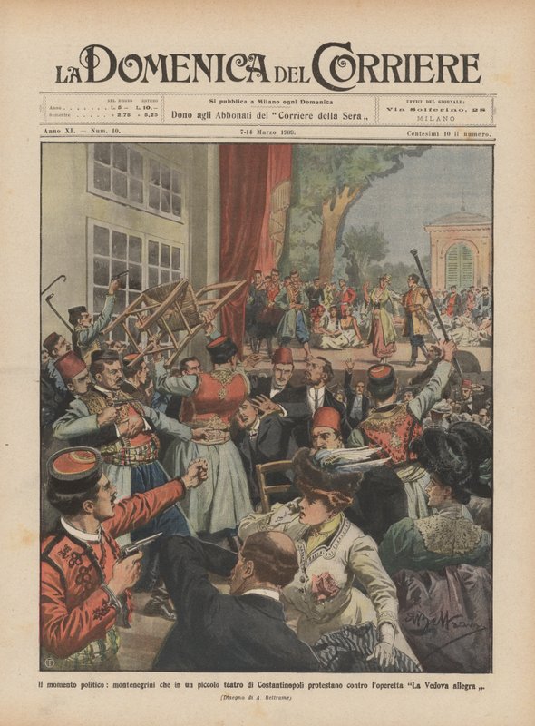 Il momento politico, montenegrini che in un piccolo teatro di Costantinopoli protestano contro da Achille Beltrame