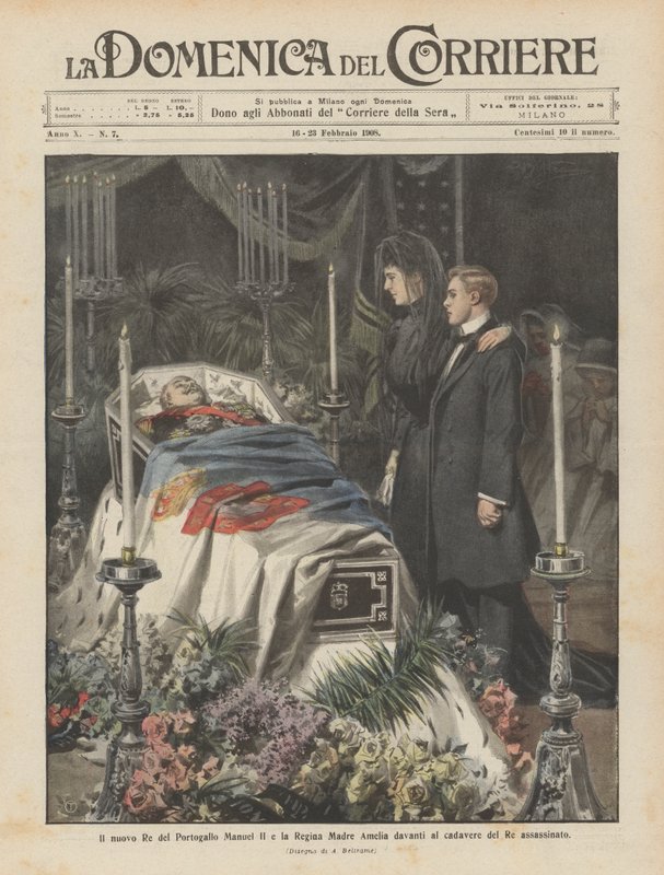 Il nuovo Re del Portogallo Manuel II e la Regina Madre Amelia davanti al cadavere del Re assassinato da Achille Beltrame