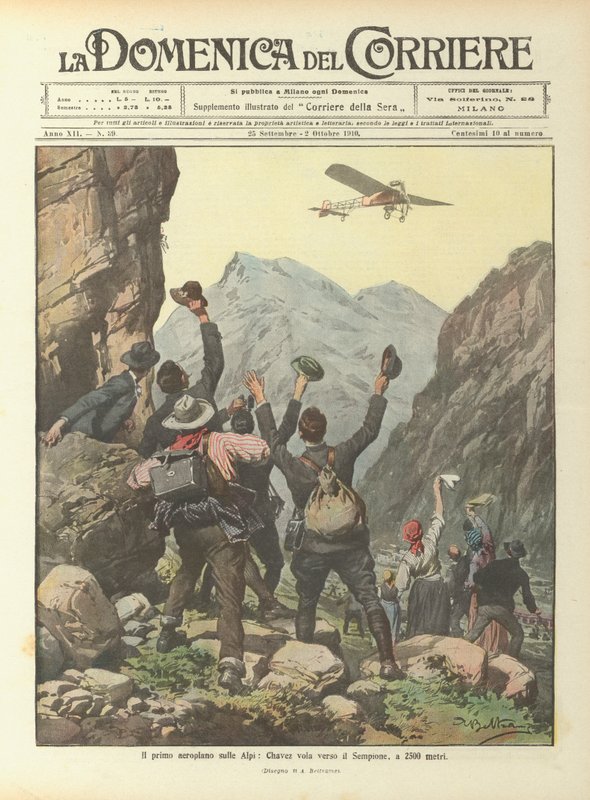 Il primo aeroplano sulle Alpi, Chavez vola verso il Sempione, a 2500 metri da Achille Beltrame
