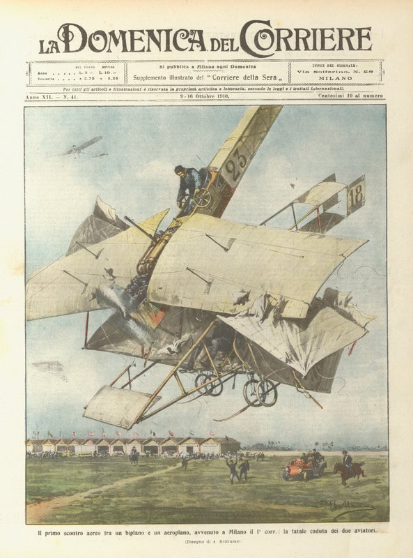 Il primo scontro aereo fra un biplano e un aeroplano, avvenuto a Milano il 1° corrente da Achille Beltrame