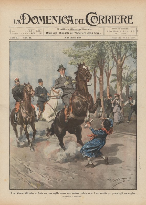 Il re Alfonso XIII salva a Ceuta, con una rapida mossa, una bambina caduta sotto il suo cavallo da Achille Beltrame