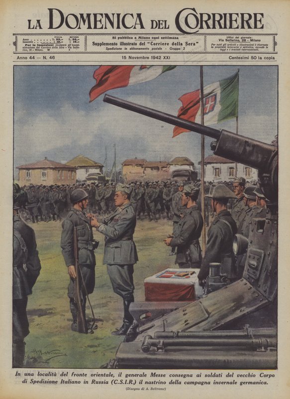 In una località del fronte orientale, il generale Messe consegna ai soldati del vecchio Corpo da Achille Beltrame
