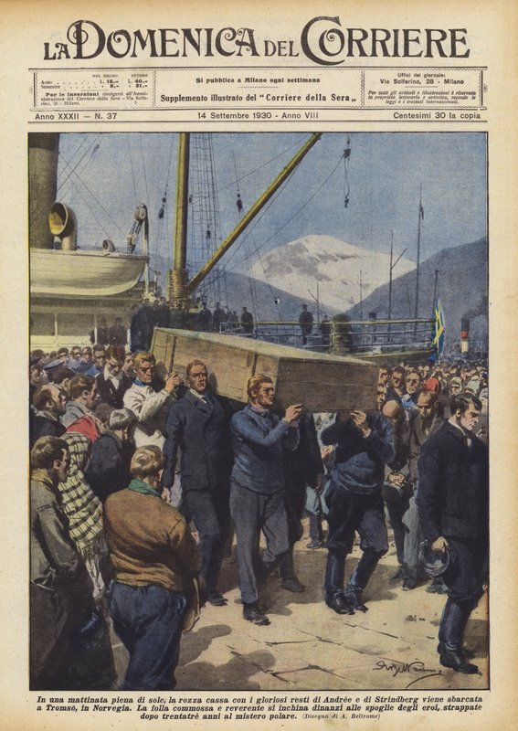 In una mattinata piena di sole, la rozza cassa con i gloriosi resti di Andree e di Strindberg da Achille Beltrame