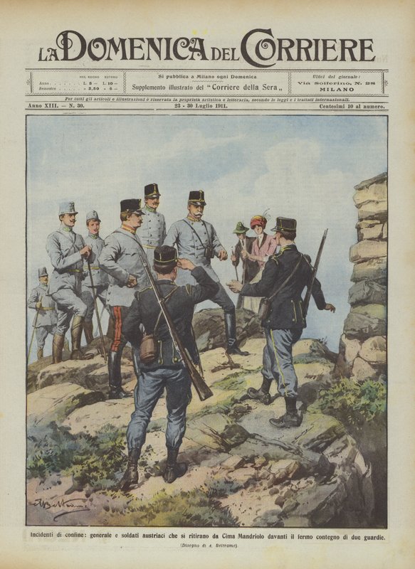 Incidenti di confine, generale e soldati austriaci che si ritirano da Cima Mandriolo da Achille Beltrame