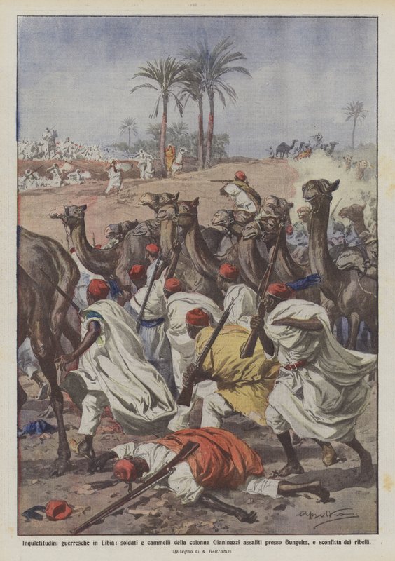 Inquietudini guerresche in Libia, soldati e cammelli della colonna Gianinazzi assaliti da Achille Beltrame