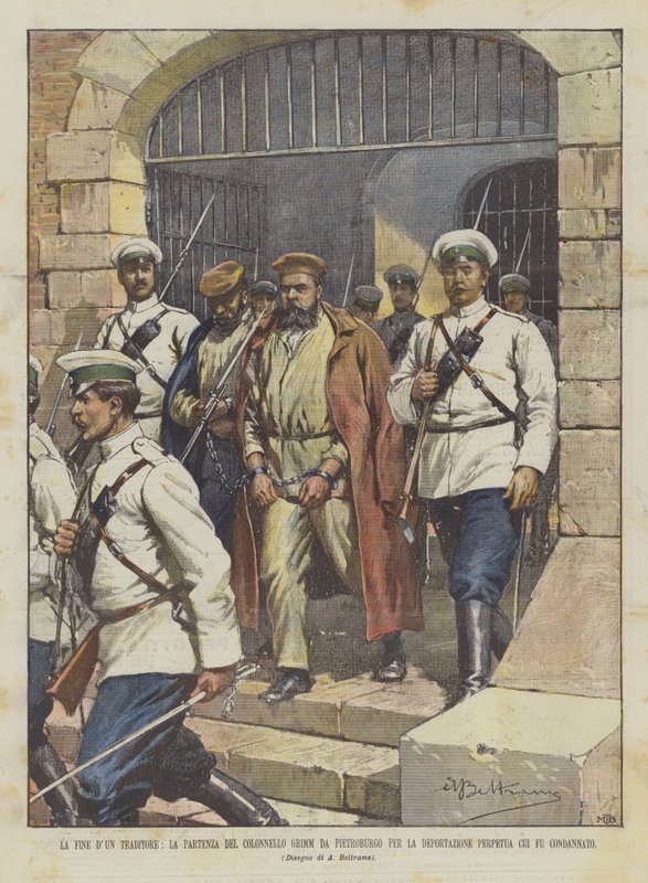 La fine di un traditore, la partenza del colonnello Grimm da Pietroburgo per la deportazione da Achille Beltrame