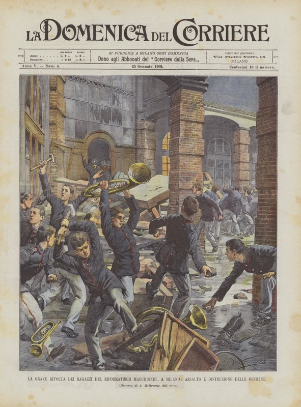 La grave rivolta dei ragazzi del riformatorio Marchiondi, a Milano, assalto e distruzione delle officine da Achille Beltrame