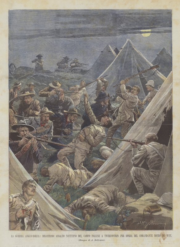La guerra anglo-boera, disastroso assalto notturno del campo inglese a Tweefontein per opera dei boeri da Achille Beltrame