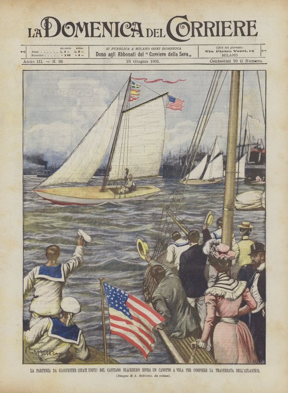 La partenza da Gloucester (Stati Uniti) del capitano Blackburn sovra un canotto a vela da Achille Beltrame
