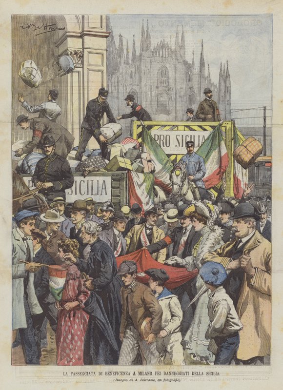 La passeggiata di beneficenza a Milano per i danneggiati della Sicilia da Achille Beltrame