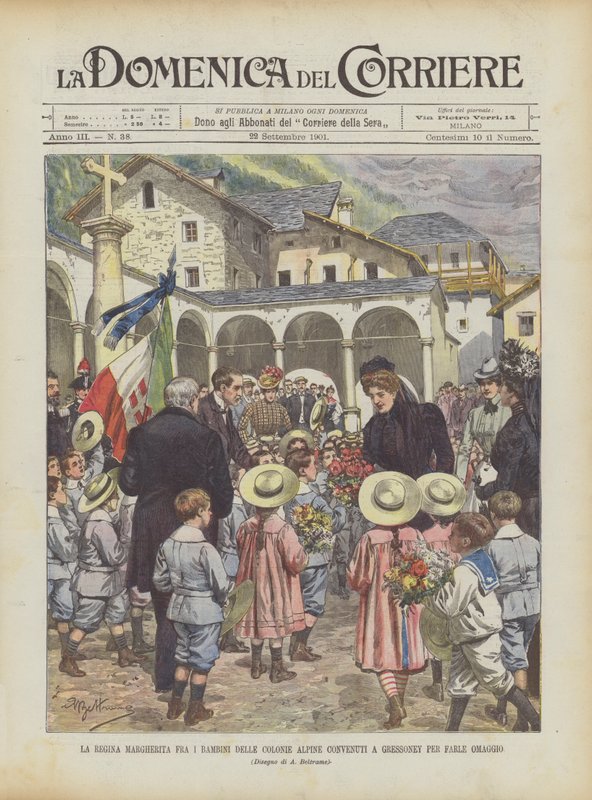 La regina Margherita fra i bambini delle colonie alpine convenuti a Gressoney per farle omaggio da Achille Beltrame