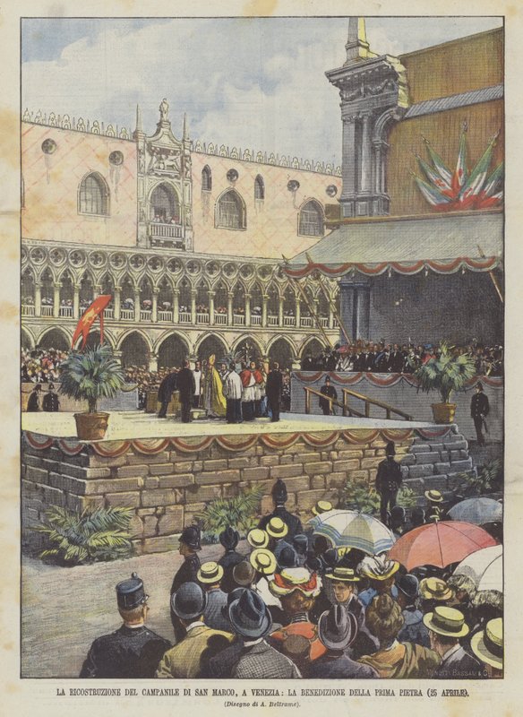 La ricostruzione del campanile di San Marco, a Venezia, la benedizione della prima pietra (25 aprile) da Achille Beltrame