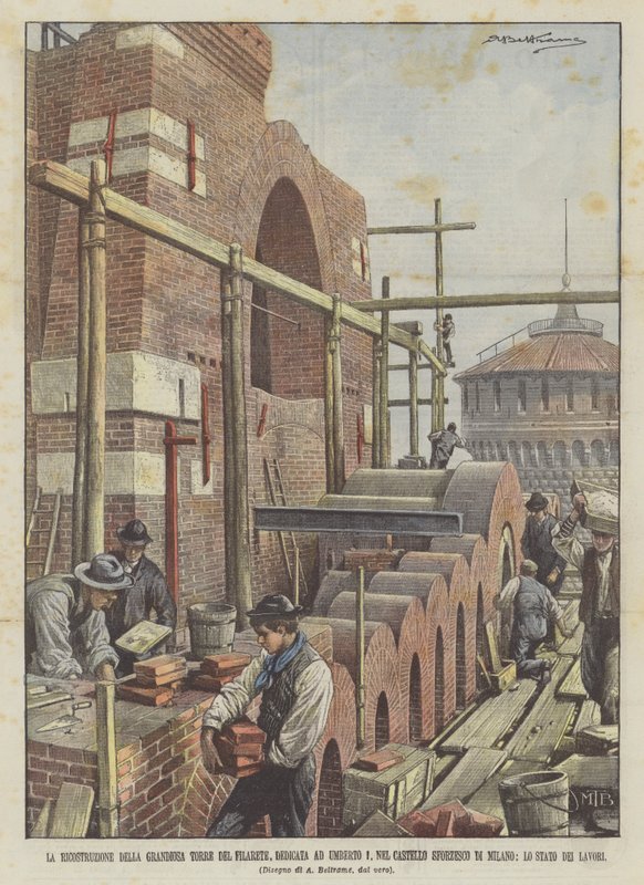 La ricostruzione della grandiosa Torre del Filarete, dedicata ad Umberto I, nel Castello Sforzesco da Achille Beltrame