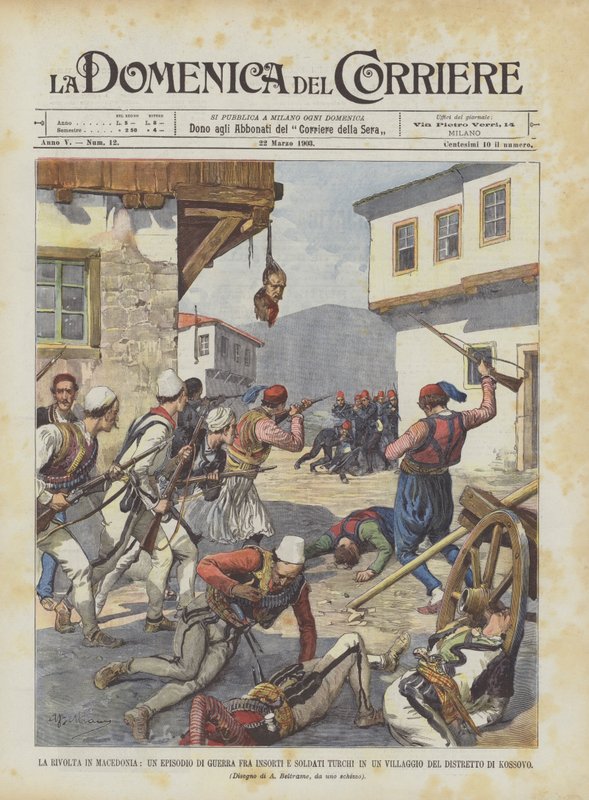 La rivolta in Macedonia, un episodio di guerra fra insorti e soldati turchi in un villaggio da Achille Beltrame