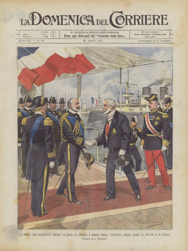 La visita del presidente Loubet al duca di Genova a bordo della Lepanto nelle acque di Tolone, il 10 aprile da Achille Beltrame