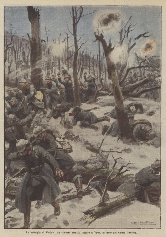 La battaglia di Verdun, un violento attacco tedesco a Vaux, infranto dal valore francese da Achille Beltrame