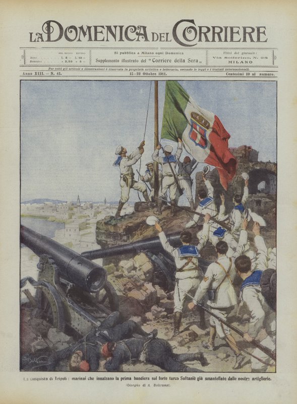 La conquista di Tripoli, marinai che innalzano la prima bandiera sul forte turco Sultanie da Achille Beltrame