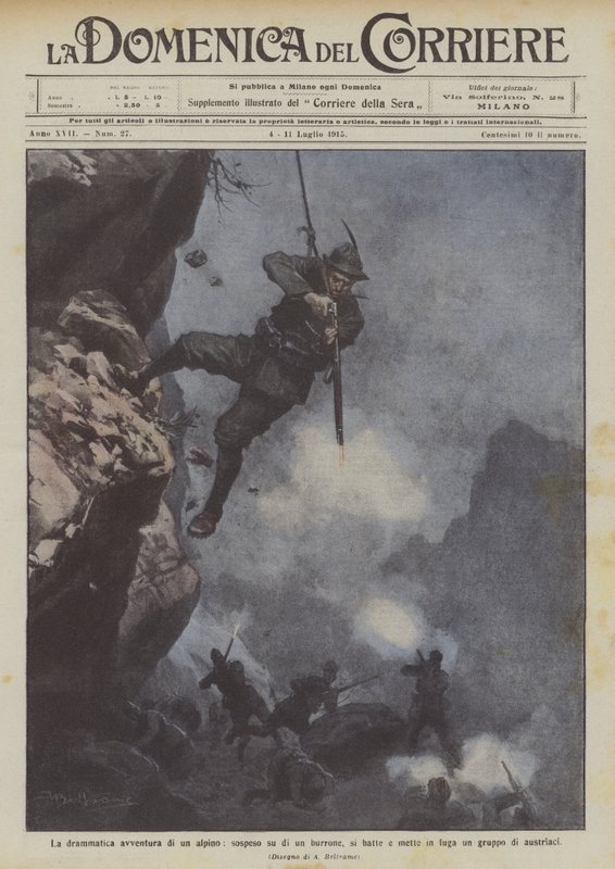 La drammatica avventura di un alpino, sospeso su di un burrone, si batte e mette in fuga un gruppo di austriaci da Achille Beltrame