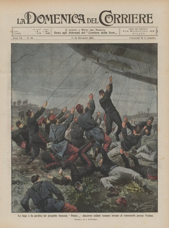La fuga e la perdita del dirigibile francese Patrie, duecento soldati tentano invano di trattenerlo presso Verdun da Achille Beltrame