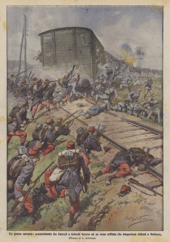 La guerra europea, combattimento fra francesi e tedeschi intorno ad un treno militare da Achille Beltrame