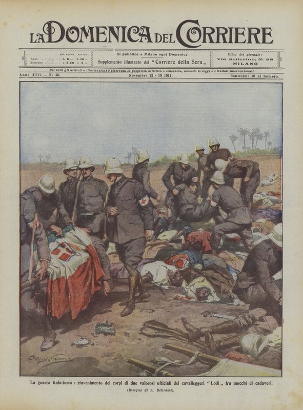 La guerra italo-turca, rinvenimento dei corpi di due valorosi ufficiali dei cavalleggeri Lodi da Achille Beltrame
