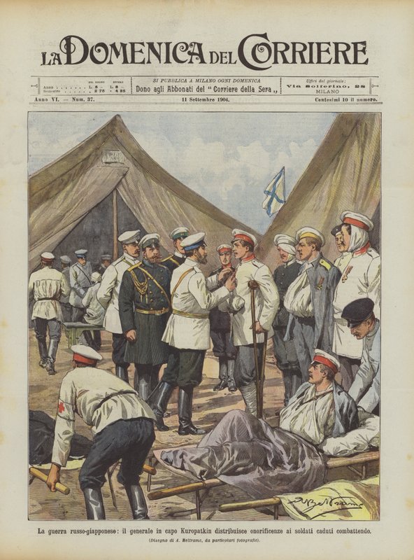 La guerra russo-giapponese, il generale in capo Kuropatkin distribuisce onorificenze ai soldati caduti combattendo da Achille Beltrame